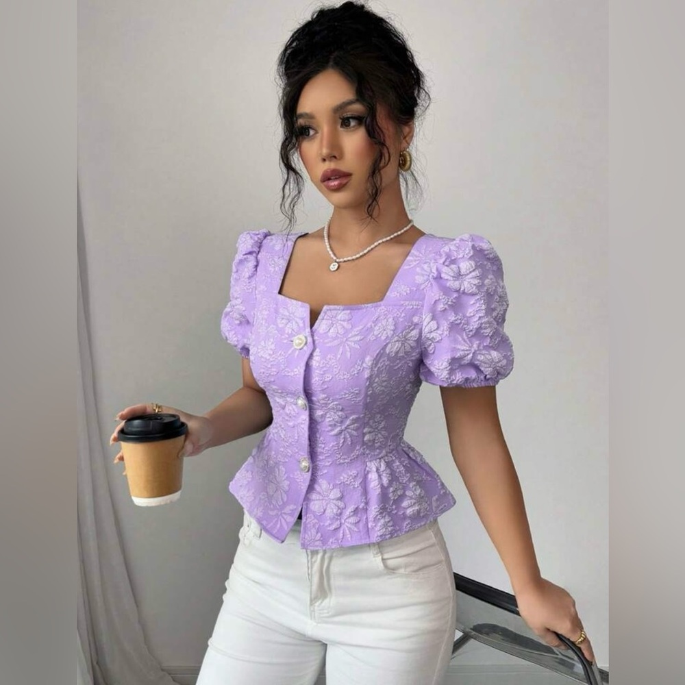 NEW Lavender Puff Sleeve Pelpum 3 Button Top
